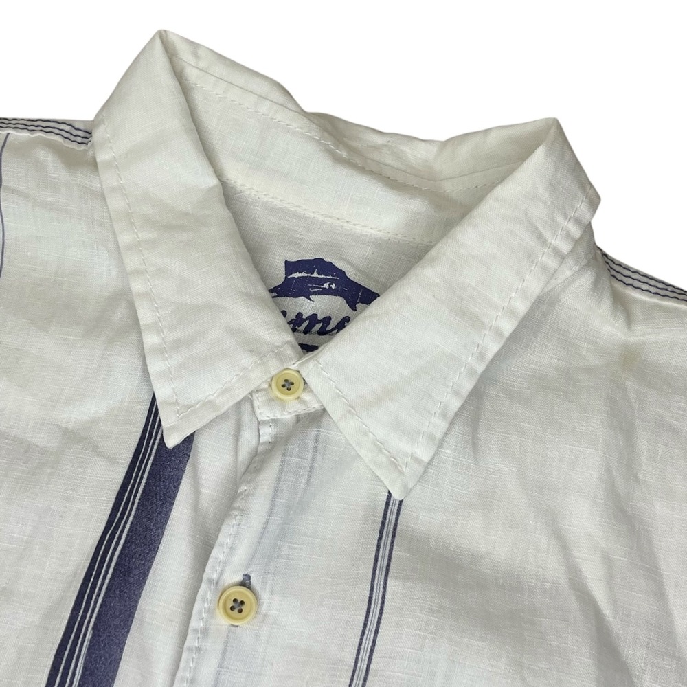 Tommy Bahama Relax Logo Mens XL White Blue Striped 100% Linen Short Sleeve Shirt